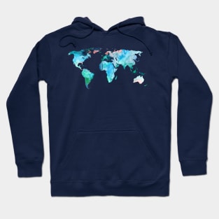 World Map in Indigo, Teal and Blush Pink Hoodie